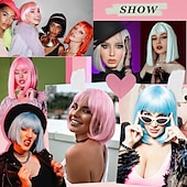 abordables Perruques de fête-Perruque bob bleu clair avec des bangs courte perruque droite bleue pour femmes cheveux mi-longs colorés perruque synthétique pour usage quotidien fête cosplay 12 pouces perruques Halloween