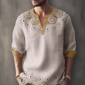 Men's Pattern Ethnic Shirt Button Up Shirt Long Sleeve Casual Tribal Holiday Summer Spring Fall Stand Collar Print Apricot 5