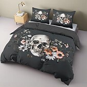baratos Quarto de Halloween-Conjunto de capa de edredom com caveira floral de Halloween – inclui capa de edredom e fronhas – design assustador e festivo – tecido macio e confortável – perfeito para decoração de casa de Halloween