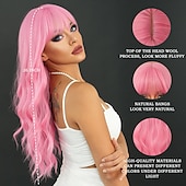 cheap Party Wigs-Long Wavy Pink Wig 24in Natural Heat Resistant Fiber Synthetic Curly Light Pink Wigs with BangsHalloween Cosplay Party Wigs