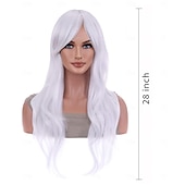 economico Parrucche da festa-Parrucche lunghe 28 pollici 70 cm capelli ricci e ondulati parrucche resistenti al calore per le feste di Halloween e cosplay bianche puro
