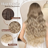 abordables Perruques de fête-perruque blonde pour femme, perruque longue ondulée avec racines foncées, 26 pouces, partie centrale, cheveux en fibre synthétique pour une utilisation quotidienne, fête, carnaval