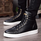 cheap Men&#039;s Sneakers-Men&#039;s White High-Top Sneakers - Stylish Leather Lace-Up Casual Shoes with Gold Eyelets for Everyday Wear
