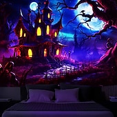 levne halloweenské nástěnné tapisérie-halloween dekorace lovený dům tapisérie černé světlo UV reaktivní záře ve tmě mlhavý hřbitov závěsná tapisérie nástěnná malba do obývacího pokoje ložnice