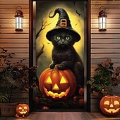 billige Halloween dørdeksler-halloween dørdekorasjoner halloween dørdeksler svart katt gresskar dør billedvev dør gardin dekorasjon bakteppe dør banner for inngangsdør gårdshus ferie fest dekor forsyninger