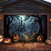 billige Halloween garasjeportdeksel-halloween dørdekorasjoner utendørs halloween garasjedørdeksel jack o lanterne gresskar slott banner skummel skog stort bakteppe dekorasjon for ferie utendørs garasjedør hjem veggdekorasjoner