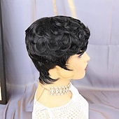 Недорогие Натуральные парики без шапочки-основы-Натуральные волосы Парик Короткие Кудрявый Стрижка под мальчика Природа Черный Регулируется Природные волосы Для темнокожих женщин Машинное плетение Без шапочки-основы Бразильские волосы Жен. Черный