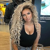 economico Parrucche trendy sintetiche-parrucche marroni per le donne parrucche bionde lunghe oro chiaro parrucche rosa ombre capelli sintetici capelli evidenziati parrucche scure radici 26 pollici