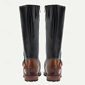 cheap Biker Boots-Men&#039;s Vintage Black and Brown Leather Riding Boots - Retro Knee-High Boots with Buckle Detail for Casual and Outdoor Wear