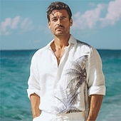 voordelige Heren Elite Overhemden-Voor heren Overhemd Linnen overhemd Normaal shirt Lange mouw Hawaii Mode-casual Vakantie Dagelijks Hawaii Lente &amp; Herfst Revers Afdrukken Wit