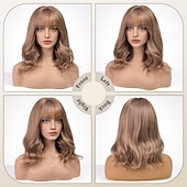 abordables Perruques Synthétiques Sans Bonnet-Perruques courtes bouclées avec frange, perruques ondulées pour femmes, perruques blondes synthétiques résistantes à la chaleur, longueur d&#039;épaule, aspect naturel, ombre marron clair