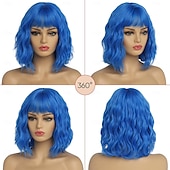 abordables Perruques de fête-perruques courtes pour femmes perruque bob ondulée avec frange cheveux synthétiques de longueur moyenne vague d&#039;eau racines foncées perruque carnaval cosplay perruques de fête