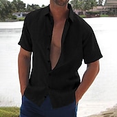 billiga Semester-Herr linneskjorta Sommarskjorta Standkläder Knapp upp skjorta Ensfärgat Semester Curise Svart Vit Rosa Blå Kortärmad Nedvikt Sommar Kläder Button-Down