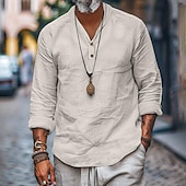 economico Strada-Per uomo Camicia camicia di lino Camicia popover Camicia estiva Camicia da spiaggia Liscio Informale Giornaliero Nero Blu Cachi Manica lunga A fascia Primavera estate Abbigliamento