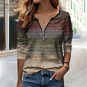 billige Boho t-skjorte-Dame T skjorte Grafisk Mote Langermet V-hals Halv glidelås Vanlige topper Daglig Helg Trykt mønster Quarter Zip Blå Brun Grønn Vår &amp; Vinter