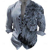 cheap Animal Print-Men&#039;s Lion Shirt Button Up Shirt Long Sleeve Vintage Casual Daily Holiday Summer Spring Standing Collar Button Up 3D Print Blue Brown Gray