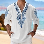 economico Modello etnico-Per uomo Camicia Camicia con bottoni Camicia Henley Manica lunga Tribale Moda Casual Da mare Casual Informale Estate Primavera &amp; Autunno Alla coreana A fascia Bottoni Stampa Bianco Blu Verde
