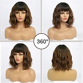voordelige Synthetische trendy pruiken-bruin met lichtbruine pruiken korte golvende bob pruik met pony halflang synthetisch haar voor dagelijks feest (12 inch)