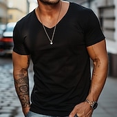 billiga Herrarnas Elite T-shirts och linnen-Herr T-shirt T-tröja Kort ärm V-hals Sommar Vår Höst Slät Mode Designer Klassisk Semester Gata Utekväll Svart Topp t-shirt för män