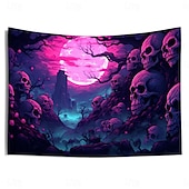 baratos tapeçarias de parede de halloween-Tecido de Halloween Caveiras Tecido de Luz Negra Reativo UV Brilho no Escuro Cemitério Nebuloso Pendurado Arte de Parede Mural para Sala de Estar Quarto