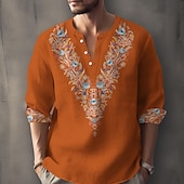 cheap Ethnic Pattern-Men&#039;s Ethnic Shirt Button Up Shirt Henley Shirt Long Sleeve Casual Tribal Vacation Daily Summer Spring Fall Collarless V Neck Print Black White Blue Orange