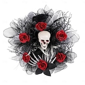 billige Halloween-kranser og blomsterdekorasjoner-Halloween-kranser til inngangsdør innendørs utendørs dekorasjon, roseskalle-nettkrans hengende for skummel bar- og festskjelettdekorasjon