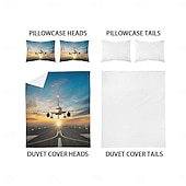 preiswerte Bettbezug-Sets-Bettbezug-Set mit Flugzeug, Himmel, Sonnenuntergang, Landebahn – enthält Bettbezug und Kissenbezüge – atemberaubendes Flugzeug- und Sonnenuntergangsdesign – weicher und bequemer Stoff