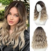 economico Parrucche da festa-parrucca parrucche di media lunghezza per donna riga in mezzo capelli sintetici parrucca ondulata con ciocche migliorate parrucca di capelli naturali per uso quotidiano per feste/carnevale