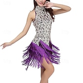 billiga Sjalar-kvinnor paljett tofs flapper klänning ärmlös stativ krage glittrande fransar latinska klänningar salsa cha-cha jazz dans kostymer