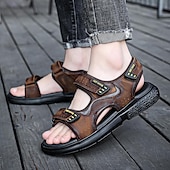 cheap Outdoor Sandals-Men&#039;s Brown Faux Leather and Mesh Sport Sandals with Dual Buckle Straps – Durable Outdoor Sandals for Hiking, Beach or Vacation Wear