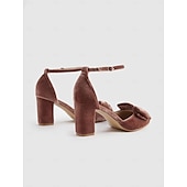 preiswerte Block Heels-Braune Pumps aus Samt mit spitzer Spitze und Fesselriemchen sowie Blockabsatz und Schleifendetail für Damen für Partys und formelle Anlässe
