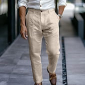 tanie Biznes-Męskie Garnitury Lniane spodnie Spodnie Letnie spodnie Guziki Prosta noga Równina Komfort Oddychający Pełna długość Biznes Codzienny Moda miejska Elegancki Czarny Biały