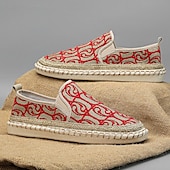economico Slip-ons e mocassini da uomo-espadrillas ricamate da uomo: comode scarpe da pescatore in tela con motivo rosso per abbigliamento casual e da spiaggia