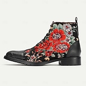 cheap Premium Leather Boots-Men&#039;s Black Floral Combat Boots with Rugged Soles and Leather Toe Caps for Casual and Outdoor Wear