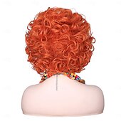 abordables Pelucas históricas-Peluca rizada naranja roja de cosplay con collar y pendientes para mujeres disfraz de carnaval pelucas de Halloween