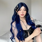 رخيصةأون باروكات الحفلات-باروكات صناعية لملابسuniforms، باروكات كوسبلاي للأميرات، شعر متموج وعامد بتقنية منتصف الرأس، باروكات مصنوعة بآلة، 28 بوصة باللون الأسود/الأزرق الياقوتي، باروكات كوسبلاي للنساء في حفلات الموضة الزرقاء