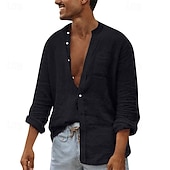 economico camicia da uomo con bottoni-Per uomo Camicia Camicia Estiva Camicia casual Camicia da Spiaggia Camicia con Bottoni Nero Bianco Blu marino Marrone Kaki Manica Lunga Semplice Colletto alla coreana Vacanza Camicia hawaiana Tasca