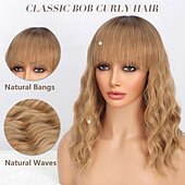 preiswerte Party Perücken-Ombre Braune Perücke mit Pony für Frauen Schulterlange Bob Wellig Charmante Synthetische Perücken mit Natürlich Lockigem Hitzebeständigem Haar Halloween Perücken