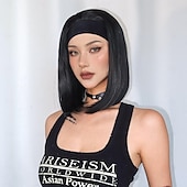 Χαμηλού Κόστους Συνθετικές Trendy Περούκες-Synthetic Wig Uniforms Career Costumes Princess Straight kinky Straight Middle Part Layered Haircut Machine Made Wig 14 inch Black Synthetic Hair Women's Cosplay Party Fashion Natural Black
