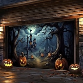 billige Halloween garasjeportdeksel-halloween dørdekorasjoner utendørs halloween garasjedørdeksel jack o lanterne gresskar slott banner skummel skog stort bakteppe dekorasjon for ferie utendørs garasjedør hjem veggdekorasjoner