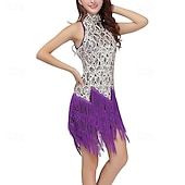 billiga Sjalar-kvinnor paljett tofs flapper klänning ärmlös stativ krage glittrande fransar latinska klänningar salsa cha-cha jazz dans kostymer