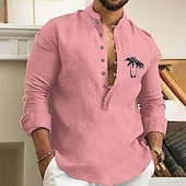 economico Camicie Popover da Uomo-Per uomo Camicia Camicia minimalista Aloha Camicia con colletto cinese Camicia con colletto alla coreana Camicia popover Camicia Estiva Bianco Rosa Verde Grigio Manica Lunga Albero di Cocco Collo