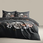 baratos Quarto de Halloween-Conjunto de capa de edredom com caveira floral de Halloween – inclui capa de edredom e fronhas – design assustador e festivo – tecido macio e confortável – perfeito para decoração de casa de Halloween