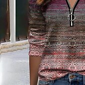 billige Boho t-skjorte-Dame T skjorte Grafisk Mote Langermet V-hals Halv glidelås Vanlige topper Daglig Helg Trykt mønster Quarter Zip Blå Brun Grønn Vår &amp; Vinter