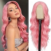 cheap Party Wigs-Wig for Women, 24 Inch Middle Part Curly Wigs Natural Looking Heat Resistant Synthetic Fiber Elastic Band Cap Wig Halloween Wigs