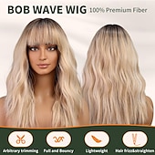 baratos Perucas de festa-peruca loira ombre com franja perucas loiras onduladas com mechas para mulheres peruca de cabelo sintético cacheado na altura dos ombros para festa uso diário perucas de carnaval