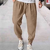 baratos Clássico-Homens Corredor Calças de linho Calças Calça verão Com Cordão Cintura elástica Tecido Conforto Respirável Diário Praia Moda Roupa de rua ダークカーキ Preto Micro-Elástica