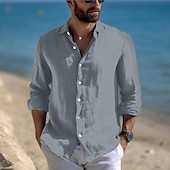cheap Vacation-Men&#039;s Shirt Linen Shirt Summer Shirt Beach Wear Casual Shirt Button Up Shirt Plain Vacation Casual Black White Pink Blue Long Sleeve Lapel Spring &amp; Summer Clothing Apparel