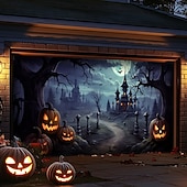 billige Halloween garasjeportdeksel-halloween dørdekorasjoner utendørs halloween garasjedørdeksel jack o lanterne gresskar slott banner skummel skog stort bakteppe dekorasjon for ferie utendørs garasjedør hjem veggdekorasjoner