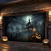 billige Halloween garasjeportdeksel-halloween dørdekorasjoner utendørs halloween garasjedørdeksel jack o lanterne gresskar slott banner skummel skog stort bakteppe dekorasjon for ferie utendørs garasjedør hjem veggdekorasjoner